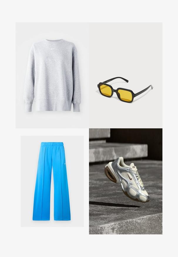Hallhallane dressipluus, millel on ümar kaelus, pikad varrukad, soonikud mansettidel ja hemil ning rinnal väike valge Nike logo. Pehme ja tekstuuriga kangas.; Hele sinised laia säärega spordipüksid, elastse vöökohaga ja väikese valge Nike swoosh logoga paremal reiel.; Kreemjas ja metallik hõbedane spordijalats ripub betoonastmete kohal, millel on pruunid kummist tald ning Nike logo.; Mustad mustad prillid kollaste läätsedega. Omadused hõlmavad paksu raami ja nurgelisi vorme, millel on sile ja läikiv viimistlus.