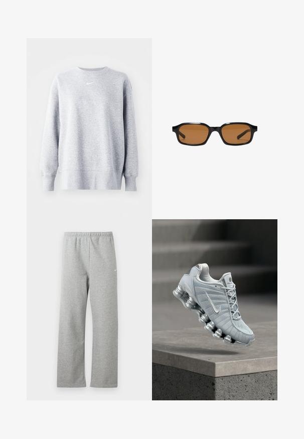 Šedá mikina so zaobleným výstrihom, dlhými rukávmi, rebrovanými manžetami a lemom, s malým bielym logom Nike na hrudi. Mäkká, štruktúrovaná tkanina.; Svetlosivé tepláky s elastickým pásom a malým bielym logom Nike na hornej časti stehna, zobrazené na bielom pozadí.; Svetlosivá bežecká topánka Nike s odpruženou pružinovou podrážkou vznášajúca sa nad betónovým okrajom, rozmazané pozadie schodiska.; Čierne obdĺžnikové slnečné okuliare s hrubými rámami a hnedom sfarbenými šošovkami, zobrazené spredu na bielom pozadí.