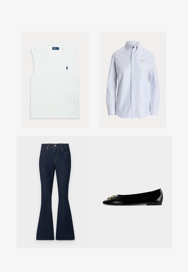 Hvid ærmeløs sweater med et kabelstrikket mønster, ribbet halsudskæring og kant, med en lille blå broderet logo på brystet.; Hvid skjorte med lodrette lyseblå striber, knaplukning på kraven og lille broderet logo på venstre bryst.; Mørkeblå denimjeans med høj talje, forreste knap og lynlås, klassisk fem-lomme-stil og udvidede ben.; Sort læder flad sko med en guldfarvet dekorativ spænde på den runde tå og en lav hæl mod en hvid baggrund.
