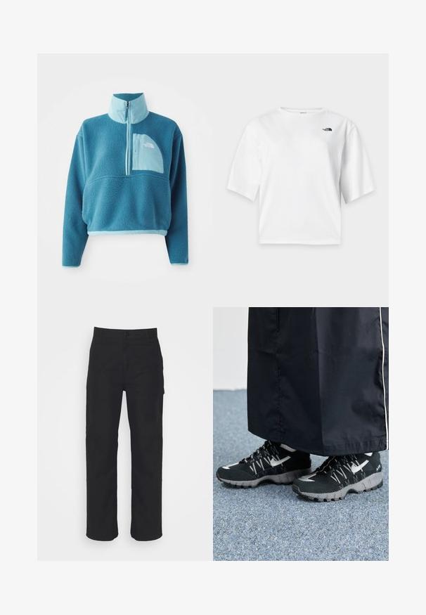 Pull en polaire bleu avec une fermeture éclair partielle, col haut et une poche frontale. Accentué d'une bordure bleu clair et d'une texture de tissu.; T-shirt blanc à manches courtes et col rond avec le logo The North Face noir sur la poitrine gauche.; Pantalons en coton noir avec une coupe droite, fermeture à bouton et passants de ceinture. Présente un design classique sans poches visibles.; Des chaussures de sport noires avec un dessus texturé, des accents argentés et une semelle extérieure à motifs, associées à un long vêtement noir. Présentées sur un tapis bleu.