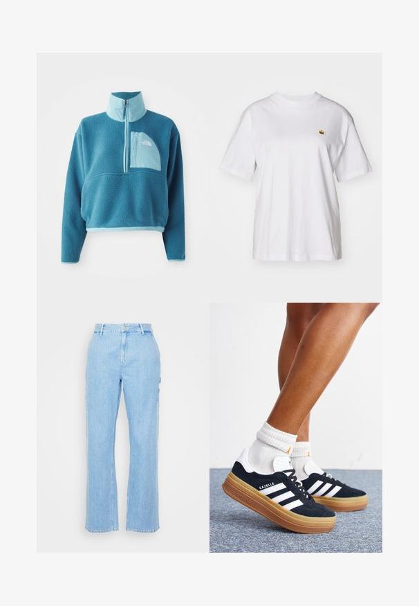 Pull en polaire bleu avec une fermeture éclair partielle, col haut et une poche frontale. Accentué d'une bordure bleu clair et d'une texture de tissu.; T-shirt en coton blanc avec une coupe décontractée, des manches courtes et un petit logo brodé sur la poitrine gauche.; Pantalon en denim bleu clair avec une coupe droite, taille haute et fermeture à bouton à l'avant. Comprend deux poches latérales et des coutures minimales.; Jambes portant des chaussettes blanches et des baskets Adidas Gazelle noires avec des bandes blanches et des semelles épaisses marron sur un sol recouvert de moquette grise.