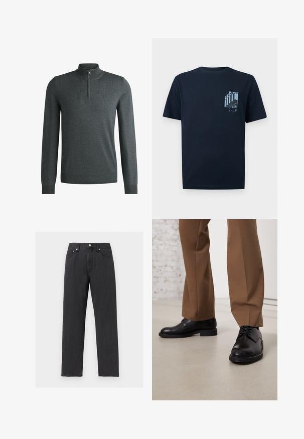 Pull en maille gris foncé avec un col zippé mi-hauteur, des poignets et un ourlet côtelés. Fabriqué à partir d'un tissu tricoté lisse avec une texture légère.; T-shirt à manches courtes bleu marine avec un petit motif bleu clair représentant un bâtiment et le mot "BOSS" sur la partie supérieure gauche de la poitrine.; Jean noir à jambes droites avec cinq poches, fermeture par bouton et passants pour ceinture, présenté sur un fond gris clair.; Chaussures en cuir noir avec une surface lisse et un bout arrondi, dotées d'un système de laçage et d'une semelle plate et basse. Associées à un pantalon marron.