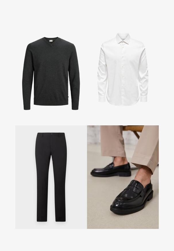 Pull gris foncé avec un col en V, des manches longues, des poignets et un ourlet côtelés, constitué d'un tissu tricoté doux. Design minimaliste sans motifs visibles.; Chemise blanche pour homme à manches longues avec col pointu et rangée avant de boutons blancs sur fond uni.; Pantalon noir sur mesure avec une coupe droite, doté d'une fermeture à bouton et de passants pour ceinture. Confectionné dans un tissu lisse sans motifs apparents.; Mocassins en cuir noir avec une finition lisse, ornés d'une sangle décorative et de coutures contrastées, associés à un pantalon beige.