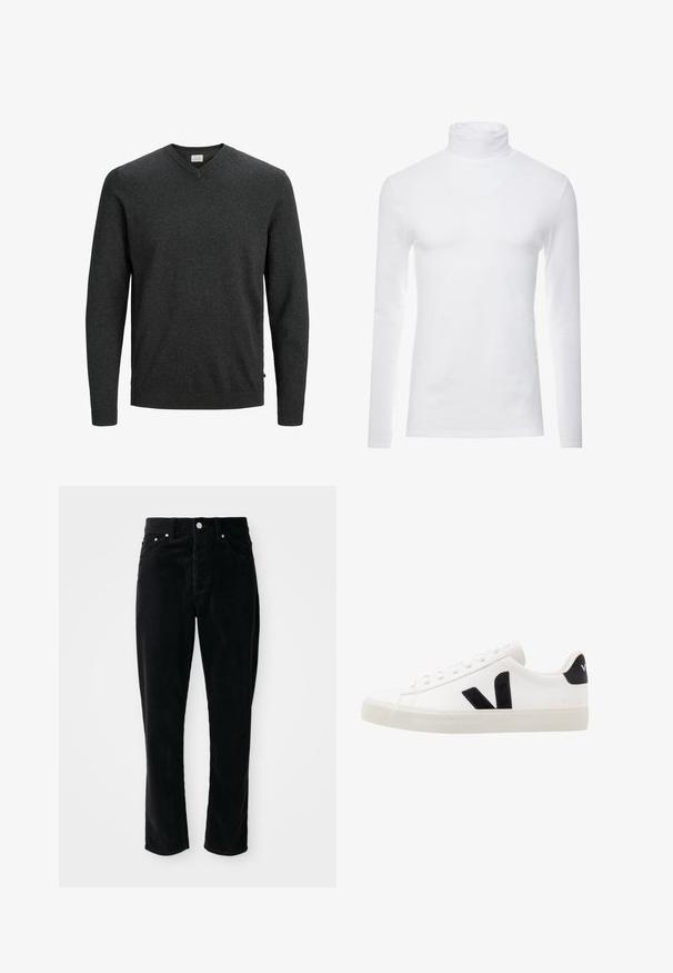 Pull gris foncé avec un col en V, des manches longues, des poignets et un ourlet côtelés, constitué d'un tissu tricoté doux. Design minimaliste sans motifs visibles.; Chemise à col roulé à manches longues blanche en tissu doux et extensible. Présente un col haut et une coupe ajustée, offrant une silhouette épurée.; Pantalon en velours côtelé noir à taille haute, jambe droite, cinq poches et accastillage en métal argenté, avec un motif texturé à côtes sur l'ensemble.; Sneaker blanche en cuir avec des accents en daim noir ; dispose d'une semelle en caoutchouc, d'un bout rond et d'un design classique à lacets. Logo latéral en noir.