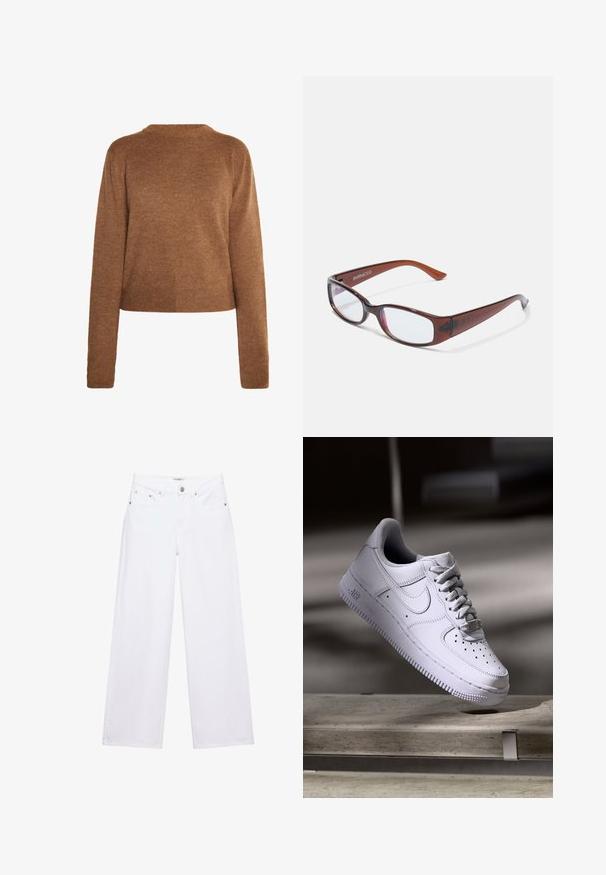 Brun strikket sweater med lange ærmer, en rund halsudskæring og en kortet kant. Blød tekstur, minimalistisk design og ingen synlige mønstre.; Hvide jeans med høj talje og vide ben med knap- og lynlåslukning, for- og baglommer samt sølvfarvede nitter som detaljer.; Hvid Nike Air Force 1 sneaker svævende over en betonoverflade med skygger i et minimalistisk miljø.; Brune-farvede rektangulære briller med en glat overflade, der har slanke arme og gennemsigtige linser. Logoet er synligt på venstre temple.