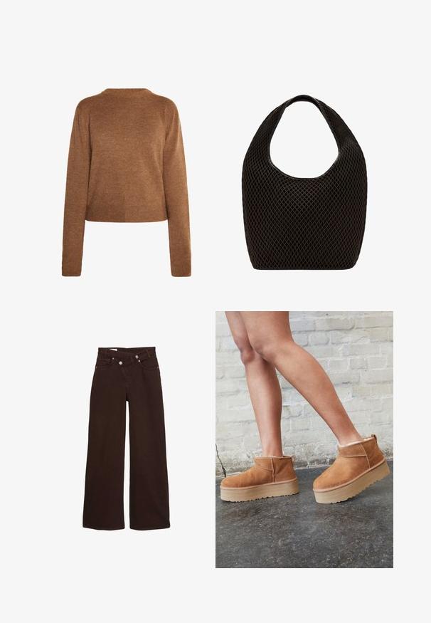 Brun strikket sweater med lange ærmer, en rund halsudskæring og en kortet kant. Blød tekstur, minimalistisk design og ingen synlige mønstre.; Brune vide ben jeans med høj talje, front lynlås og knaplukning, der har for- og baglommer.; Brune ruskinds ankelsko med en blød foring, tyk beige plattformsål og en bageste løkke. Tekstureret overflade med synlige sømdetaljer.; Sort åbenvævet mesh-tote med rundet topgreb og bredt, buet kropsdesign.
