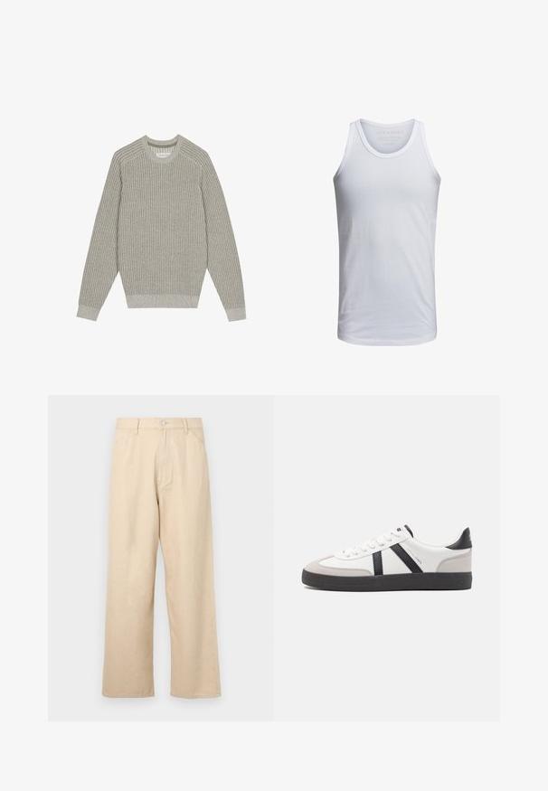 Lysegrå strikketrøje med ribbet tekstur, rund hals og lange ærmer. Simpelt design, elastiske kantafslutninger, minimal detaljer.; Hvid bomulds tank top med rund halsudskæring, brede skulderstropper og minimal branding trykt indeni kraven. Blød tekstur, afslappet pasform.; Beige bredde benbukser lavet af denim med en tekstureret finish, der har en frontlukning med knap og klassisk femlomme-design.; Hvide sneakers med sorte og grå detaljer, med en tekstureret grå tåhætte, sort gummisål og flade hvide snørebånd. Rent design, minimalistisk stil.