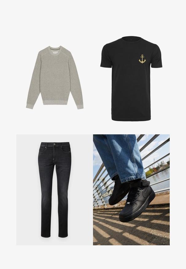 Lichtgrijze gebreide trui met ribbelstructuur, ronde hals en lange mouwen. Eenvoudig ontwerp, elastische onderranden, minimale details.; Zwarte katoenen t-shirt met korte mouwen, voorzien van een gouden ankerafbeelding op de linkerkant van de borst. Klassiek ontwerp met ronde hals.; Donkerdenim jeans met een slanke rechte pasvorm, voorzien van een standaard vijf-pocket ontwerp, knoopsluiting en subtiele stikseldetails.; Zwarte Nike Air Force 1 sneakers met leren bovenkant, mesh tong en rubberen zool, met een high-top ontwerp en dikke veters.