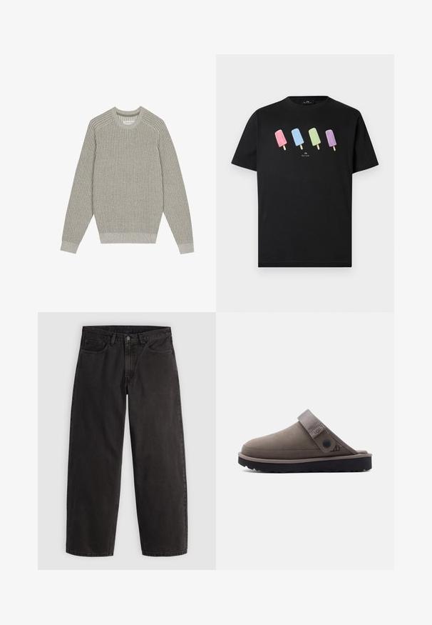 Lichtgrijze gebreide trui met ribbelstructuur, ronde hals en lange mouwen. Eenvoudig ontwerp, elastische onderranden, minimale details.; Zwart T-shirt met korte mouwen met vier kleurrijke ijslolly's in roze, blauw, groen en paars over de borst en kleine witte tekst eronder.; Zwarte denim jeans met rechte pijpen, vijf zakken en riemlussen, plat liggend op een lichte effen achtergrond.; Bruine instapklomp met zwarte zool, verstelbare band met knoop aan de zijkant en een afgeronde neus.