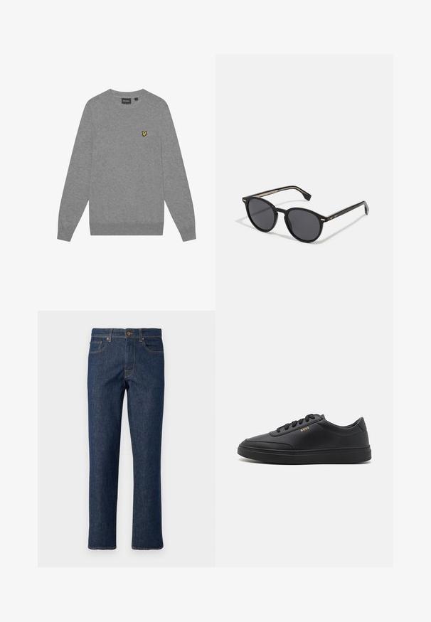 Grå sweater med lange ærmer, rund hals og ribbede manchetter. Har et lille gult broderet logo på venstre bryst. Lavet af blødt stof.; Mørkeblå jeans lavet af denim med lige ben, der har en knaplukning, fem lommer og kontrasterende syninger.; Sorte lædersneakers med en glat overflade, rund tå, flad gummisål og tonede snørebånd. Udstyret med guld "BOSS" branding på siden.; BOSS Solbriller - black