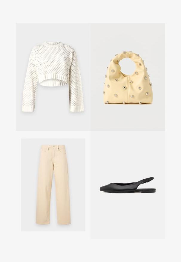 Pull cropped blanc en tricot avec un grand motif en mailles, des poignets côtelés et un col arrondi. Tissu léger et texturé.; Pantalon beige droit avec bouton et fermeture éclair à l’avant, passants pour ceinture et design cinq poches sur un fond uni clair.; Chaussure à talon slingback en cuir noir avec un bout pointu, un talon plat et un design découpé incurvé. Texture lisse et style minimaliste.; Sac à main jaune pâle avec poignée circulaire, décoré de petits clous en métal argenté uniformément espacés sur une surface lisse.