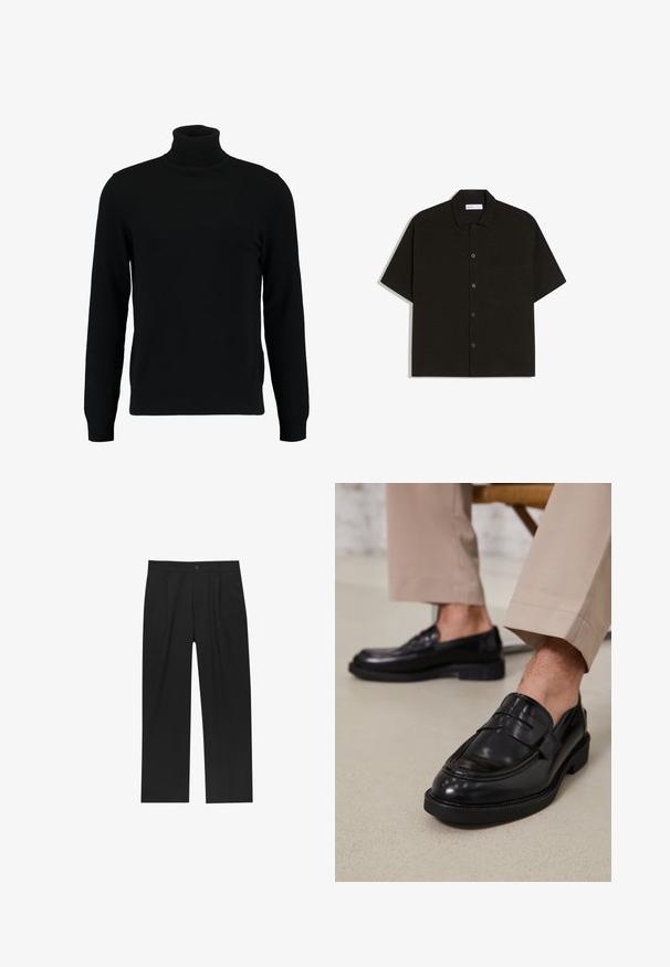 Un pull à col roulé noir en matière tricotée douce. Il possède des manches longues, un col et un ourlet côtelés. Son design est simple et épuré, sans motifs.; Chemise noire à manches courtes en tissu doux, avec un boutonnière à l'avant, un col et une poche poitrine unique. Design simple et épuré.; Pantalons noirs au design droit, fabriqués à partir d'un tissu lisse. Dotés de plis sur le devant et d'une fermeture à un bouton à la taille.; Mocassins en cuir noir avec une finition lisse, ornés d'une sangle décorative et de coutures contrastées, associés à un pantalon beige.