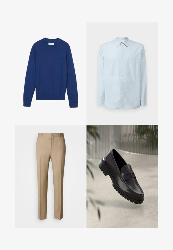 Pull en tricot bleu marine avec un col rond, des manches longues et des poignets côtelés. Présente un petit logo brodé sur la poitrine.; Chemise bleu clair à manches longues en coton, dotée d'un col classique, de deux poches poitrine et d'une coupe légèrement décontractée.; Pantalon beige sur mesure en tissu texturé, à front plat et jambes droites. Comprend des poches latérales et des passants pour ceinture, offrant un look élégant.; Mocassins en cuir marron avec une semelle en caoutchouc texturée et striée. Présente un design épuré et une sangle décorative sur le cou-de-pied.