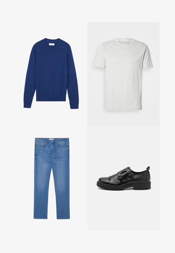 Pull en tricot bleu marine avec un col rond, des manches longues et des poignets côtelés. Présente un petit logo brodé sur la poitrine.; T-shirt en coton blanc à manches courtes, col rond et petit logo sur la poitrine. Texture douce et coupe classique. Pas de motifs.; Jeans en denim bleu clair avec une coupe droite, design à cinq poches, décoloration subtile et accents en métal au niveau de la taille et des poches.; Pier One by Zalando Mocassins de ville - black