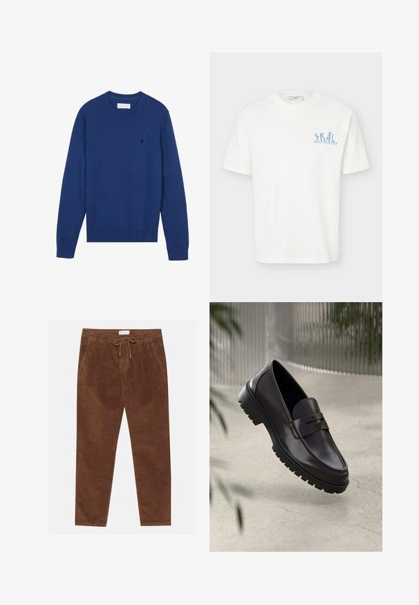 Mørkeblå striktrøje med rund halsudskæring, lange ærmer og ribbede manchetter. Har et lille broderet logo på brystet.; Hvid kortærmet t-shirt med rund hals, med lille lyseblåt "SKÅL MARC O’POLO DENIM" tekst på øverste venstre bryst.; Pier One Bukser - brown; Brune læder loafers med en tekstureret, rippet gummisål. Har et slankt design og et dekorativt bånd over vristen.