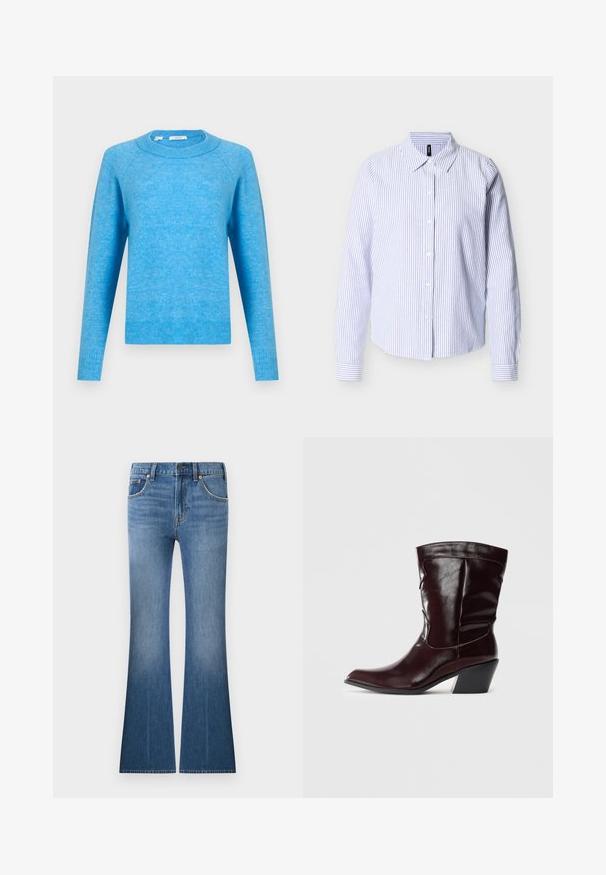 Pull bleu clair à col rond avec manches longues et poignets et ourlet côtelés, présenté sur fond blanc uni.; Chemise à manches longues à boutons avec rayures verticales bleues et blanches et col pointu, présentée sur un fond blanc uni.; Jean en denim bleu taille haute, avec poches avant, fermeture à bouton et glissière, et jambes évasées.; Bottines en cuir bourgogne avec un bout pointu, une surface texturée et un petit talon effilé. Présente une couture discrète et un ajustement confortable.