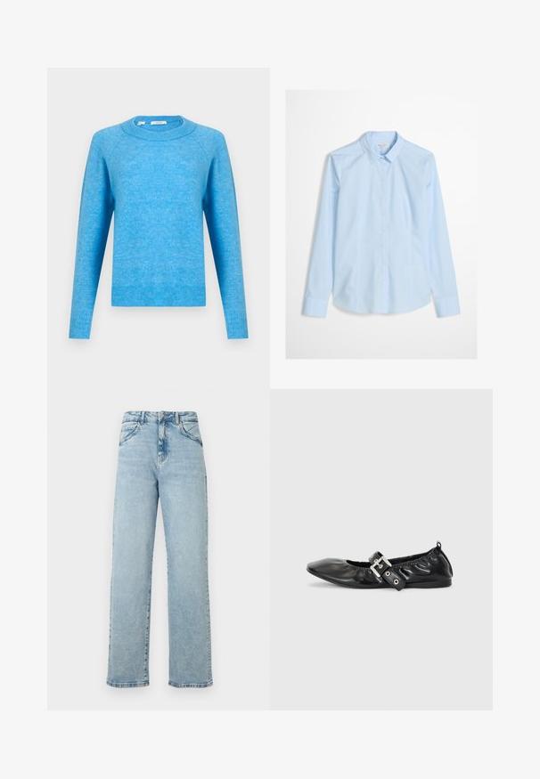 Pull bleu clair à col rond avec manches longues et poignets et ourlet côtelés, présenté sur fond blanc uni.; Chemise bleu clair à manches longues, col classique, avec un logo discret brodé sur la poitrine. Tissu lisse et net.; Jean droit taille haute bleu clair en denim, doté de cinq poches, avec un léger effet usé et des coutures contrastées le long des coutures.; Chaussure plate en cuir noir avec un nez pointu, des détails froncés autour de l'ouverture et un accent en boucle argentée sur la bride ajustable.