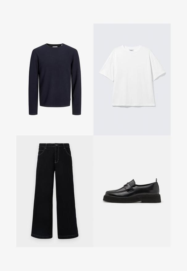 Pull bleu marine à col rond avec un motif tricoté texturé, manches longues et ourlet droit. Étiquette visible en bas à gauche.; T-shirt blanc oversize à manches courtes, col rond, épaules tombantes, posé à plat sur fond gris clair.; Pantalons larges noirs en denim, dotés d'une fermeture à boutons, de cinq poches et de coutures blanches contrastantes le long des coutures.; Chaussures en cuir noir de style mocassin avec une semelle plate et texturée, présentant un bout piqué et une sangle traversant le cou-de-pied.