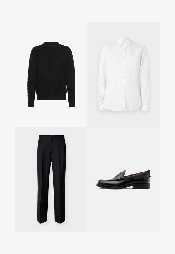 Solid SDMALCOLM - Jersey de punto - true black; Camisa blanca de manga larga con botones, hecha de algodón. Presenta un cuello puntiagudo y un pequeño logo bordado en el pecho. Textura suave.; Pantalones negros hechos a medida con corte recto, pinzas delanteras y bolsillos laterales. Elaborados con una tela suave y ligera con un patrón sólido.; Mocasín de hombre de piel negra con costura moc toe, tira penny, cuello texturizado y tacón bajo apilado sobre fondo blanco.
