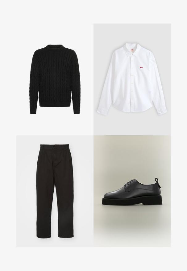 Solid SDMALCOLM - Jersey de punto - true black; Camisa blanca de manga larga con botones, cuello y pequeño logo rojo de Levi's en el área izquierda del pecho sobre un fondo neutro.; Pantalones negros de tela suave, con cierre de botón, corte recto y dos pliegues frontales que añaden detalle.; Zapato negro de cuero con cordones, suela gruesa y tira para tirar en la parte trasera, mostrado de perfil sobre un fondo neutro.