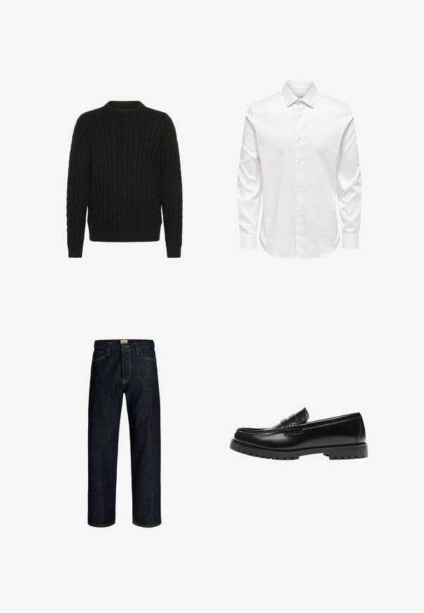 Solid SDMALCOLM - Striktrøje - true black; Hvid herreskjorte med lange ærmer, spids krave og række af hvide knapper foran på ensfarvet baggrund.; Mørkeblå jeans med lige ben, gul syning, frontknap og lynlås, samt design med fem lommer.; Sort læderloafer med en kraftig gummisål og klassiske penny-strap detaljer, vist fra ydersiden.