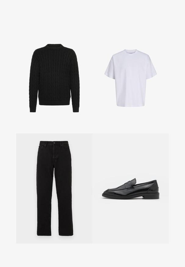Solid SDMALCOLM - Jersey de punto - true black; Camiseta blanca lisa de manga corta, de gran tamaño, con cuello redondo y corte holgado sobre un fondo blanco.; Jeans de mezclilla negra con un diseño de pierna recta, que cuentan con un cierre de botón, pasadores para cinturón y un estilo clásico de cinco bolsillos.; Mocasines de cuero negro con un acabado suave, que presentan una punta redondeada y una banda estrecha en la parte superior. Tacón bajo apilado.
