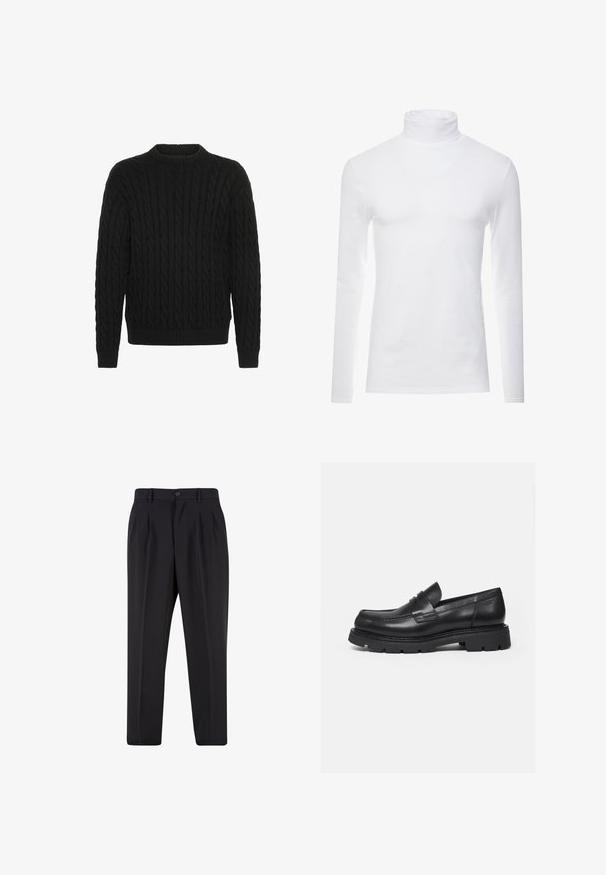 Solid SDMALCOLM - Striktrøje - true black; Hvid langærmet turtleneck skjorte lavet af blødt, strækbart materiale. Har en høj krave og et tætsiddende design, som giver en strømlinet silhuet.; Sorte skræddersyede bukser med forreste læg, bæltestropper og knaplukning i taljen.; Sort læderloafer med tyk rillede sål og penny-remdetalje, vist i højre sideprofil på hvid baggrund.