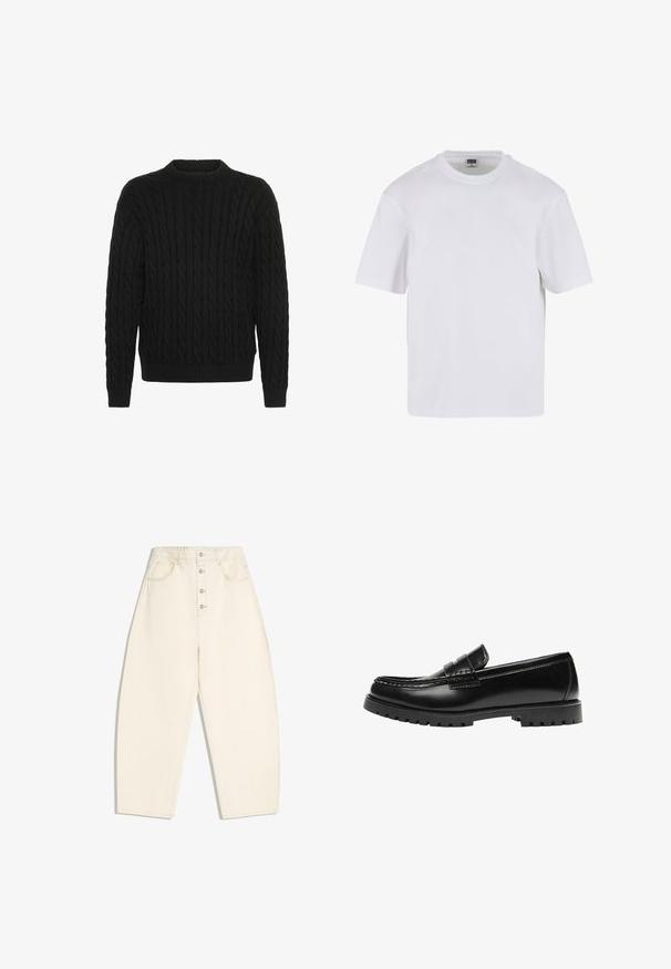 Solid SDMALCOLM - Svetrík - true black; Biela polokošeľa s krátkym rukávom vyrobená z bavlny. Má okrúhly výstrih a voľný strih. Hladká textúra, minimalistický dizajn, bez vzorov alebo akcentov.; Vysoký pás, široké nohavice krémovej farby s predným zapínaním na gombíky a bočnými a zadnými vreckami na bielom pozadí.; Čierna kožená mokasína s robustnou gumovou podrážkou a klasickým pásikom na penny, zobrazená z vonkajšej strany.