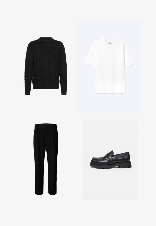 Solid SDMALCOLM - Striktrøje - true black; Enkel hvid T-shirt med korte ærmer og rund hals med afslappet pasform, vist på en lys baggrund.; Sorte formelle bukser med bæltestropper, knap foran og lynlås, vist mod hvid baggrund.; Sort læderloafer med tyk rillede sål og penny-remdetalje, vist i højre sideprofil på hvid baggrund.