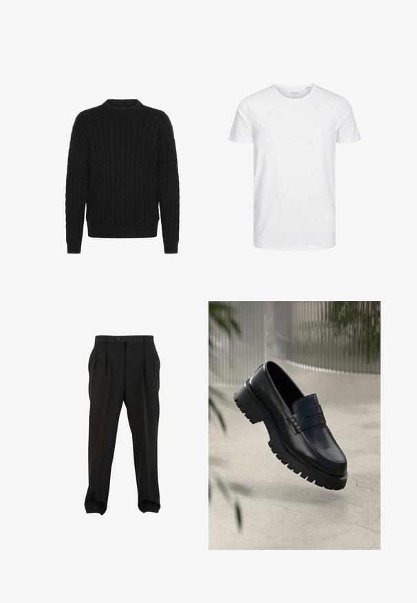 Solid SDMALCOLM - Svetrík - true black; Tričko s okrúhlym výstrihom a krátkym rukávom v čistej bielej farbe, vyrobené z jemnej bavlny, má jednoduchý dizajn bez viditeľných vzorov alebo akcentov.; Čierne nohavice s vysokým pásom a záhybmi, s pútkami na opasok, zapínanie na gombík a zúženými nohavicami, zobrazené na bielom pozadí.; Čierne kožené loafery s robustnou podrážkou, s dekoratívnym pásikom a prešívaním. Hladký povrch s lesklým finišom.