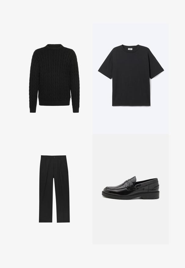 Solid SDMALCOLM - Striktrøje - true black; Sort T-shirt med korte ærmer og rund hals med afslappet pasform, forfra, ensfarvet design og synligt Weekday-mærke inde i kraven.; Sorte bukser med lige ben, lavet af et glat stof. Har frontfolder og en enkelt knaplukning i taljen.; Sorte læder loafers med en glat finish, rund tå, lav hæl og dekorativ syning langs forsiden. Gummisål for godt greb.