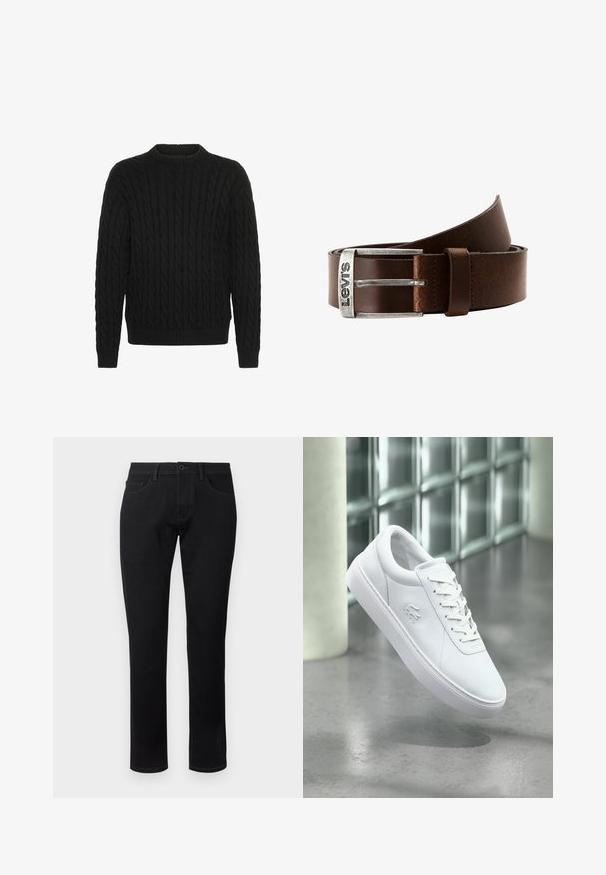 Solid SDMALCOLM - Jersey de punto - true black; TOM TAILOR TTJOSH REGULAR SLIM FIT - Vaqueros tapered - black denim; Zapatilla blanca de caña baja con diseño de cordones y logo de cocodrilo en relieve, situada sobre un suelo pulido gris con una pared de bloques de vidrio de fondo.; Cinturón de cuero marrón con una hebilla de metal plateado con la inscripción "Levi's". El cinturón tiene una textura suave y un diseño clásico.