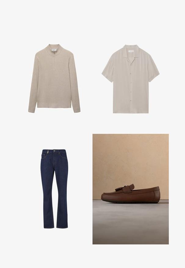 Beige ribbet striktrøje med høj krave og lynlås i halv længde. Lange ærmer og en tætsiddende kantdesign fremhæver det strukturerede udseende.; Kortærmet, button-up skjorte i lys beige stof med en glat tekstur, spidse kraver og lige kant.; Mørkeblå jeans med lige ben, foran med knap og lynlås, med forreste og bageste lommer samt synlige sømdetaljer.; Brun læderloafer med frynser, der hviler på et beige struktureret tæppe foran en lysebrun sofa.