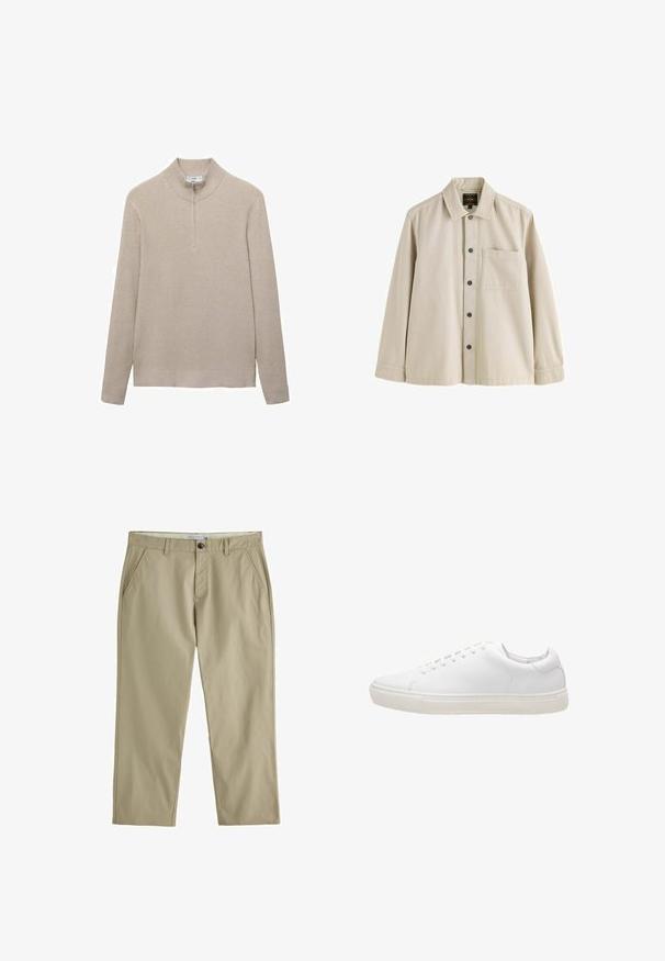 Suéter beige con canalé, cuello alto y cierre de media cremallera. Las mangas largas y el diseño ajustado del dobladillo realzan el aspecto texturizado.; Camisa beige de manga larga con botones, cuello y un bolsillo en el pecho, hecha de una tela resistente.; Pantalones beige de corte recto con trabillas para cinturón, bolsillos delanteros inclinados y cierre con un solo botón en la cintura.; Zapatilla de cuero blanco con textura suave, puntera redonda, cierre de cordones y suela de goma plana. Diseño minimalista sin patrones visibles.