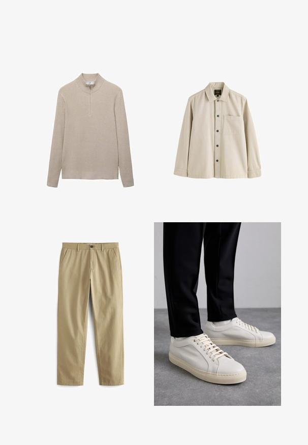 Beige gerippter Pullover mit hohem Kragen und halbem Reißverschluss. Lange Ärmel und ein figurbetonter Saum ergänzen das strukturierte Aussehen.; Beiges Langarmhemd mit Knöpfen, Kragen und einer Brusttasche aus robustem Stoff.; Beige Hose aus Baumwollgemisch mit Knopfverschluss, zwei Fronttaschen und geraden Beinen mit minimaler Textur.; Helle beigefarbene Leder-Sneaker mit flachen Schnürsenkeln, einer strukturierten Oberfläche und einer kontrastierenden, cremefarbenen Gummisohle, kombiniert mit schwarzen eng geschnittenen Hosen.