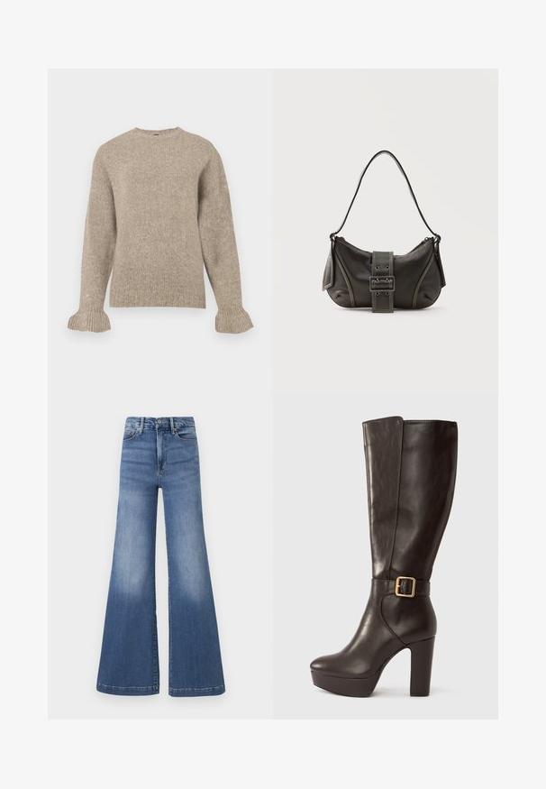 Pull en tricot beige avec un col rond, texture côtelée, manches longues et manches évasées. Design simple sans embellissements.; Good American GOOD WAIST PALAZZO COMPRESSION - Jean flare - indigo; Botte en cuir marron foncé montant jusqu'au genou, avec talon bloc, semelle plateforme et détail de boucle dorée autour de la cheville.; Sac à épaule en cuir noir avec une sangle à boucle, des bords arrondis et des coutures blanches contrastées sur un fond uni.