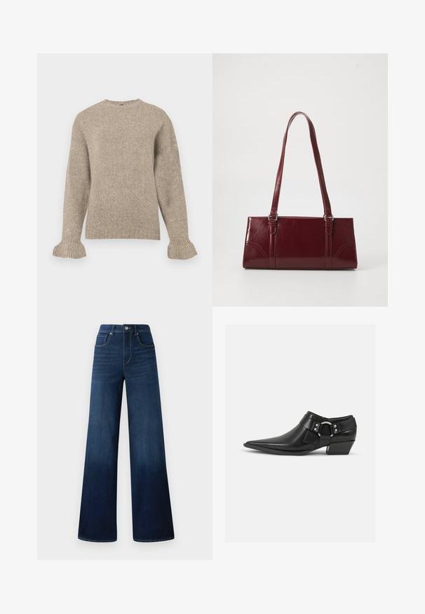 Suéter de punto beige con cuello redondo, textura acanalada, mangas largas y puños acampanados. Diseño simple sin adornos.; Vaqueros de pierna ancha de color azul oscuro, confeccionados en denim, con una cintura alta, cinco bolsillos y costuras contrastantes a lo largo de las costuras.; Botas de cuero negras hasta el tobillo con puntera puntiaguda, que presentan una correa de cuero en la parte delantera y un detalle de hebilla plateada, además de un tacón bajo y cuadrado.; Bolso burdeos hecho de material brillante, de forma rectangular, con dos asas para el hombro y sutiles acentos curvados en la parte frontal.