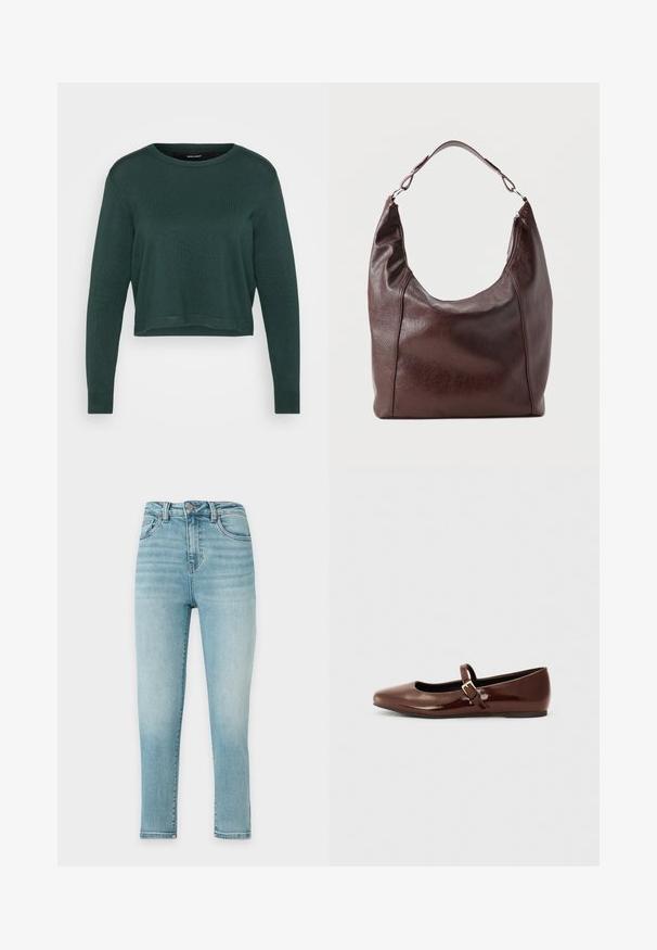Mørkegrøn cropped sweater med rund hals og lange ærmer, prydet med en strikket tekstur samt ribkant ved kantene og ærmerne.; Lyseblå højtaljede skinny jeans med for- og baglommer, knap- og lynlåslukning, vist på en almindelig hvid baggrund.; Brun patentlæder balletflade med firkantet tå og strop med en lille guldbuckle. Glat tekstur, lav hæl og minimalistisk design.; Mørkebrun læder skuldertaske med en enkelt justerbar rem, en let buet top og en lynlåslukning på den ene side.