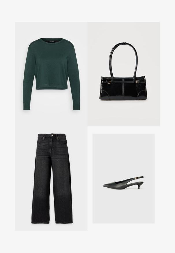 Pull court vert foncé avec un col rond et des manches longues, présentant une texture tricotée et un ourlet et des poignets côtelés.; Jean noir à jambes larges, taille haute, fermeture à bouton et zip, poches avant et détails subtilement délavés.; Chaussure slingback noire à bout pointu en cuir lisse. Présente un talon fin et un détail de boucle sur la sangle réglable.; Sac à main rectangulaire noir brillant avec deux fines bretelles et petits détails de boucles dorées à l'avant.