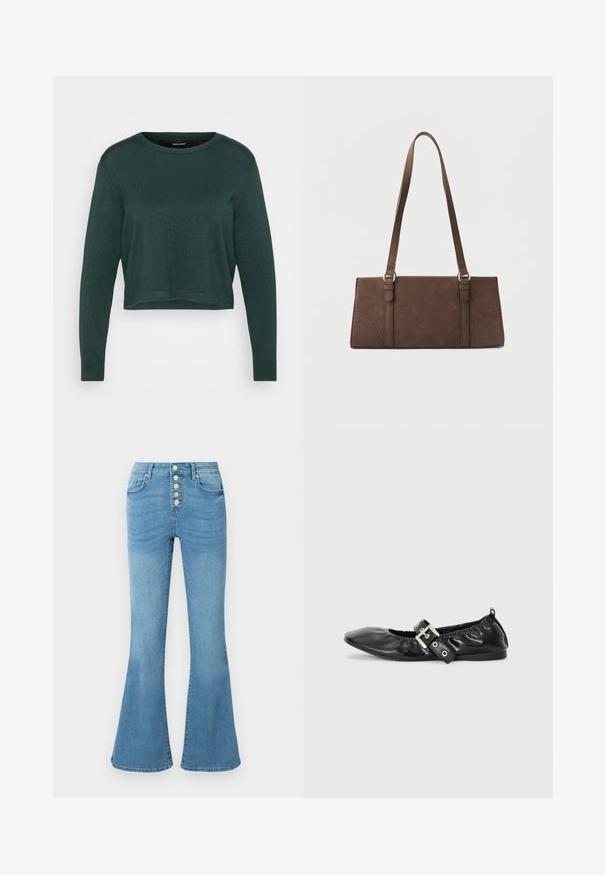 Pull court vert foncé avec un col rond et des manches longues, présentant une texture tricotée et un ourlet et des poignets côtelés.; Jeans évasés bleu clair en denim, dotés d'une taille haute, d'une braguette à cinq boutons et d'un léger délavage à l'avant pour la texture.; Chaussure plate en cuir noir avec un nez pointu, des détails froncés autour de l'ouverture et un accent en boucle argentée sur la bride ajustable.; Sac à bandoulière rectangulaire marron avec longues sangles et détails de couture minimalistes sur un fond uni.