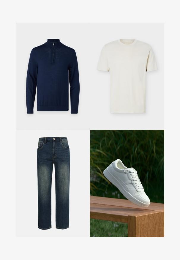 Marineblauwe, langarm pullover met een kwart-rits kraag. Zachte textuur, aansluitend ontwerp, minimale naaddetailing en geen zichtbare logo's.; Effen gebroken wit T-shirt met korte mouwen en ronde hals, met subtiel logo op de linkerborst, weergegeven op een effen witte achtergrond.; Donkerblauwe jeans met rechte pijpen, licht vervaagd aan de voorkant van de dijen, vijf zakken en een knoopsluiting in de taille.; Witte leren sneaker met een gladde textuur, voorzien van een geperforeerd ontwerp, klassieke vetersluiting en rubberen zool, gepositioneerd boven een houten oppervlak.