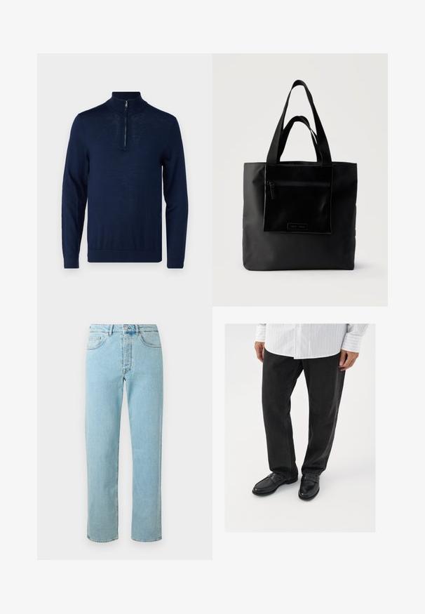 Marineblauwe, langarm pullover met een kwart-rits kraag. Zachte textuur, aansluitend ontwerp, minimale naaddetailing en geen zichtbare logo's.; Lichtblauwe denim jeans met een rechte pijp, uitgerust met vijf zakken, een ritssluiting en subtiele vervagingen door de stof.; Zwarte denim broek gecombineerd met glanzende zwarte instappers. Het shirt is wit met dunne verticale strepen, heeft lange mouwen en een geknoopte kraag.; Zwarte boodschappentas met voorvak met ritssluiting en dubbele handvatten, afgebeeld tegen een effen lichte achtergrond.