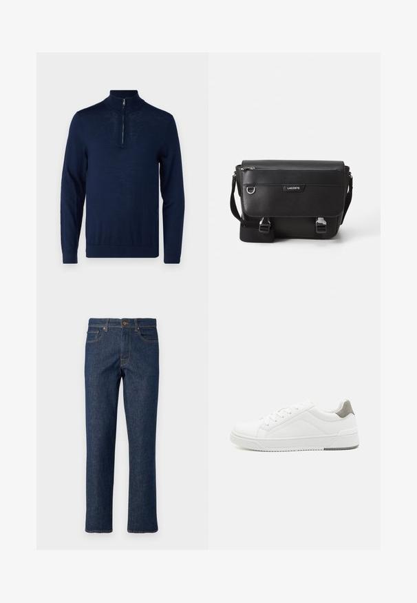 Navyblaues Langarm-Pullover mit einem Viertel-Reißverschluss-Kragen. Glatte Textur, körperbetontes Design, minimale Nahtdetails und keine sichtbaren Logos.; Dunkelblaue Jeans aus Denim mit geradem Bein, ausgestattet mit einem Knopfverschluss, fünf Taschen und kontrastierenden Nähten.; Weißer Sneaker aus glattem Leder, runde Zehenpartie, minimalistisches Design, graue Fersenkante und strukturierte Gummisohle.; Schwarze, strukturierte Lacoste-Umhängetasche mit verstellbarem Tragegurt, Frontklappe, Reißverschlusstasche und Metallschnallen.