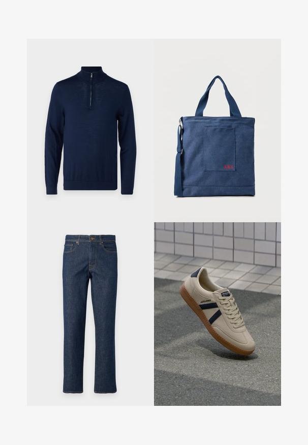 Navyblaues Langarm-Pullover mit einem Viertel-Reißverschluss-Kragen. Glatte Textur, körperbetontes Design, minimale Nahtdetails und keine sichtbaren Logos.; Dunkelblaue Jeans aus Denim mit geradem Bein, ausgestattet mit einem Knopfverschluss, fünf Taschen und kontrastierenden Nähten.; Beige Sneaker mit strukturierter Oberfläche, dunkelblauen Streifen und Gummisohle. Verfügt über eine gepolsterte Zunge und ein traditionelles Schnürsystem für einen sicheren Sitz.; Blauer Canvas-Einkaufstasche mit Vordertasche und roter "O.N.S" Stickerei, ausgestattet mit zwei Griffen und einem verstellbaren Schulterriemen.