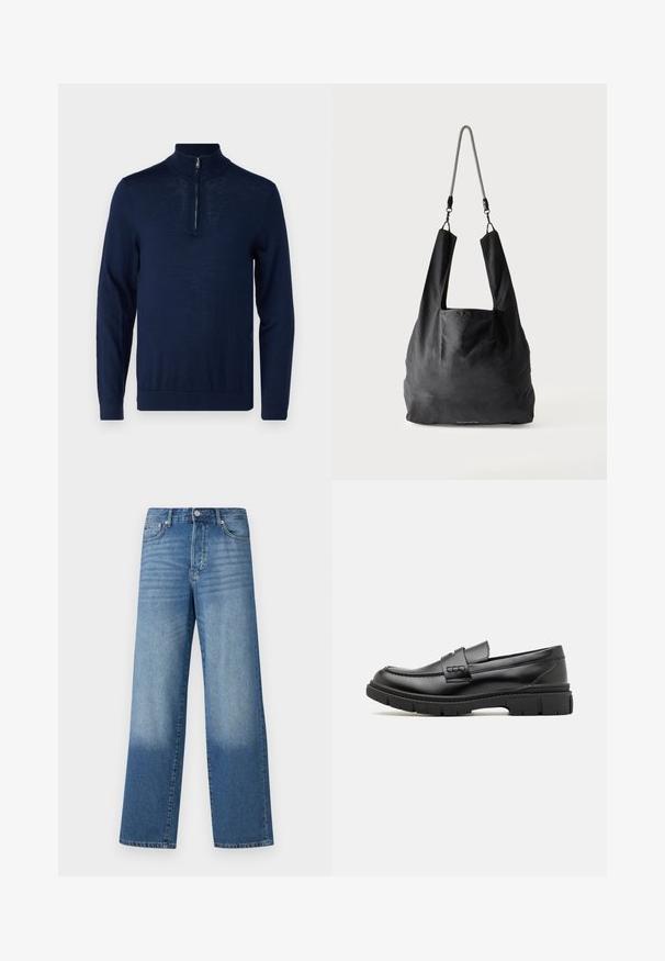Mørkeblå, langærmet pullover med kvart-zip krave. Glat tekstur, tætsiddende design, minimale søm-detaljer og ingen synlige logoer.; Blå højtaljede strækte jeans med falmede områder på lårerne og mørkere skygger nær kanten, synlig frontknap og lommer.; Sort læder loafersko med en bred rem over forfoden, gummisål med tykke mønstre og glat overflade. Klassisk, slankt design.; Sort blød stofnettaske med brede håndtag og en tynd sort-hvid flettet skulderrem.