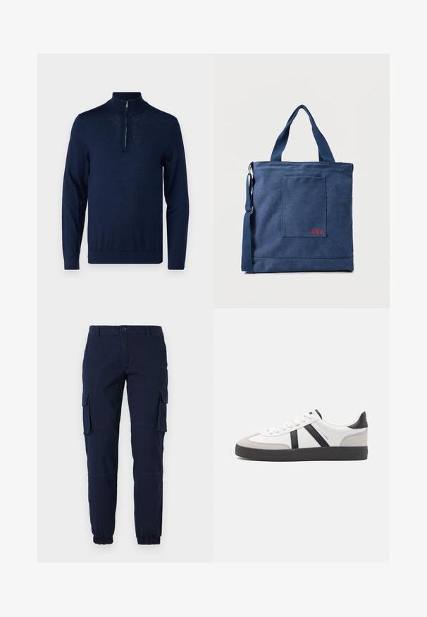 Mørkeblå, langærmet pullover med kvart-zip krave. Glat tekstur, tætsiddende design, minimale søm-detaljer og ingen synlige logoer.; Marine cargo bukser med elastiske manchetter, flere sidelommer og lynlås. Fremstillet af et slidstærkt stof med glat tekstur.; Hvide sneakers med sorte og grå detaljer, med en tekstureret grå tåhætte, sort gummisål og flade hvide snørebånd. Rent design, minimalistisk stil.; Blå lærredstote taske med frontlomme og rød "O.N.S" broderi, med to håndtag og en justerbar skulderrem.