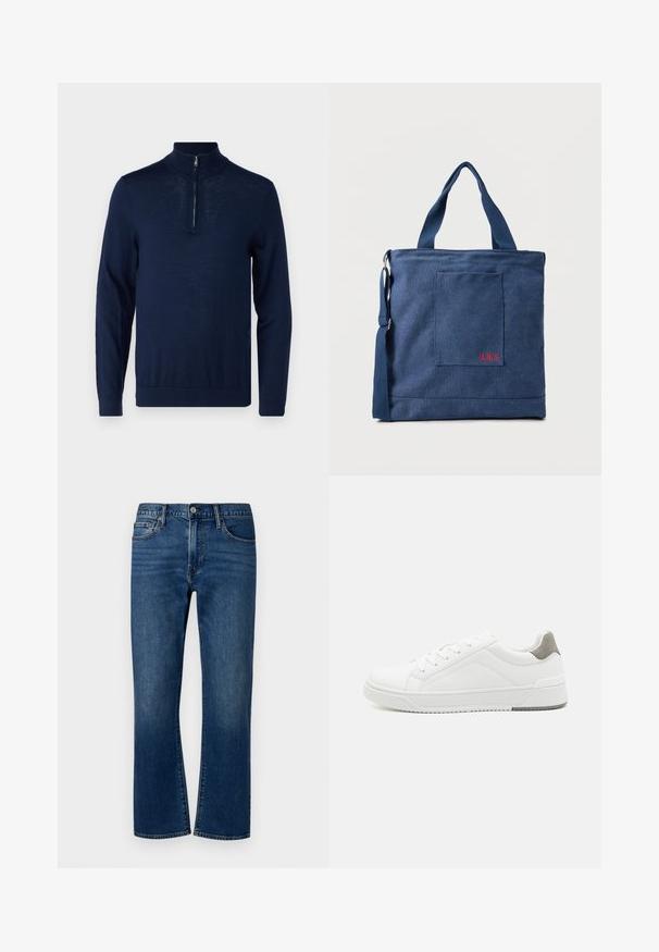Navyblaues Langarm-Pullover mit einem Viertel-Reißverschluss-Kragen. Glatte Textur, körperbetontes Design, minimale Nahtdetails und keine sichtbaren Logos.; Dunkelblaue Denim-Jeans im geraden Schnitt, mit mittelhohem Bund, fünf Taschen-Design und subtiler ausgewaschener Textur an der Vorderseite.; Weißer Sneaker aus glattem Leder, runde Zehenpartie, minimalistisches Design, graue Fersenkante und strukturierte Gummisohle.; Blauer Canvas-Einkaufstasche mit Vordertasche und roter "O.N.S" Stickerei, ausgestattet mit zwei Griffen und einem verstellbaren Schulterriemen.