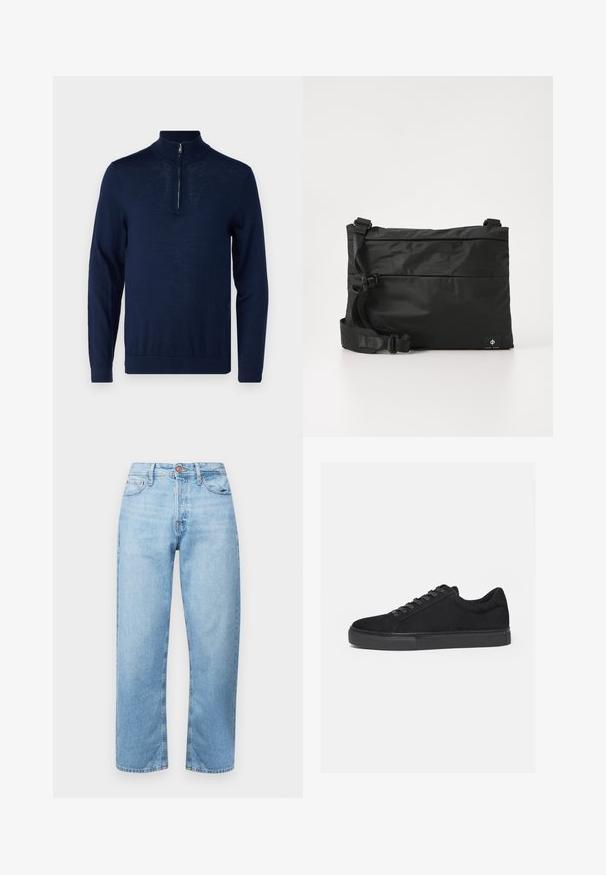 Navyblaues Langarm-Pullover mit einem Viertel-Reißverschluss-Kragen. Glatte Textur, körperbetontes Design, minimale Nahtdetails und keine sichtbaren Logos.; Hellblaue Jeans aus Denim mit geradem Schnitt, Fünf-Taschen-Design und Knopfverschluss. Glatte Textur und minimale Ausbleichung mit gestickten Akzenten.; Schwarzer Low-Top-Sneaker mit Schnürung vorne und flacher Gummisohle, seitlich auf weißem Hintergrund dargestellt.; Schwarze Nylon-Umhängetasche mit verstellbarem Riemen, flachem Design und seitlichem Etikett mit Logo. Glatte Textur und minimalistischer Stil.