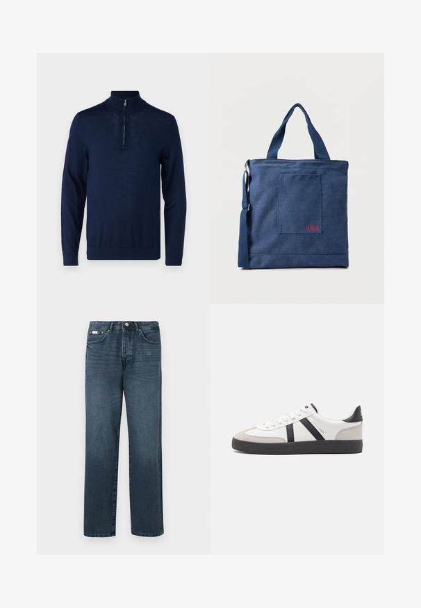 Marineblauwe, langarm pullover met een kwart-rits kraag. Zachte textuur, aansluitend ontwerp, minimale naaddetailing en geen zichtbare logo's.; Donkerblauwe denim jeans met een rechte pasvorm, vijf zakken, riemlussen en een ritsgulp. Glad textuur met subtiele vervagingdetails.; Witte sneaker met zwarte en grijze accenten, voorzien van een grijze neus met textuur, zwarte rubberen zool en platte witte veters. Schoon ontwerp, minimalistische stijl.; Blauwe canvas tas met voorvak en rode "O.N.S" borduring, voorzien van dubbele handvatten en een verstelbare schouderriem.