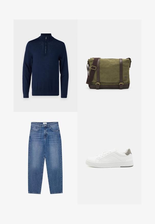 Navyblaues Langarm-Pullover mit einem Viertel-Reißverschluss-Kragen. Glatte Textur, körperbetontes Design, minimale Nahtdetails und keine sichtbaren Logos.; Blaue Denim-Jeans mit hoher Taille, geradem Bein und ausgebleichtem Finish. Verfügt über fünf Taschen und einen Knopfverschluss.; Weißer Sneaker aus glattem Leder, runde Zehenpartie, minimalistisches Design, graue Fersenkante und strukturierte Gummisohle.; Grüne Stoff-Umhängetasche mit braunen Lederakzenten, einer Vorderklappe, verstellbarem Schultergurt und Reißverschlussverschluss an der Oberseite. Ausgestattet mit goldenen Beschlägen.